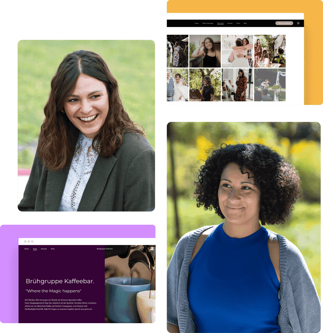 The Jimdo community for self-employed professionals – a collage of smiling portrait photos, website examples, and a green natural background.